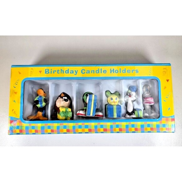Looney Tunes Birthday Candle Holders Ceramic Set of 6 in Box Cake Topper VTG - Picture 2 of 6